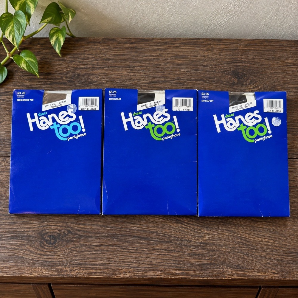 Vintage Hanes Too Pantyhose Size EF Lot of 3 Sheer Navy Charcoal NOS Deadstock